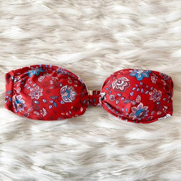 MinkPink Red Strapless Floral Bandeau Bikini Top Sz L - Picture 11 of 11